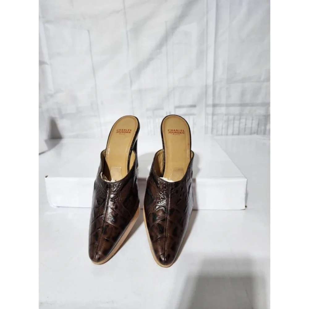 Authentic Charles Jourdan Snake Skin Leather on Wooden Platform Heels Brown